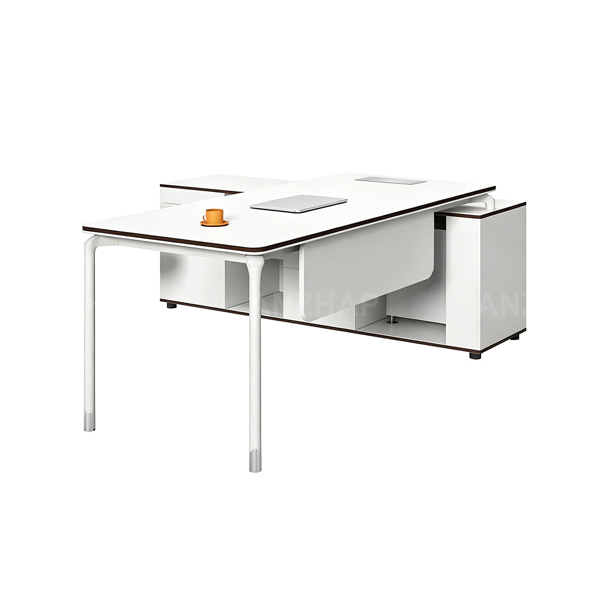 Modern Executive Desk with Built-In Power, Storage Cabinet, and Modesty Panel