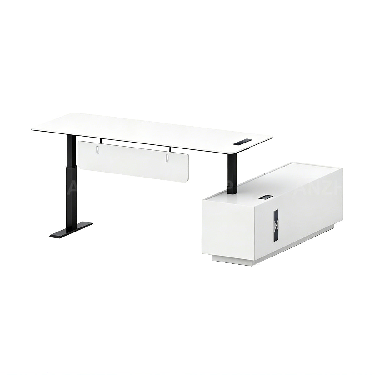 Modern Height-Adjustable Executive Desk with Power Outlets and Secure Side Storage
