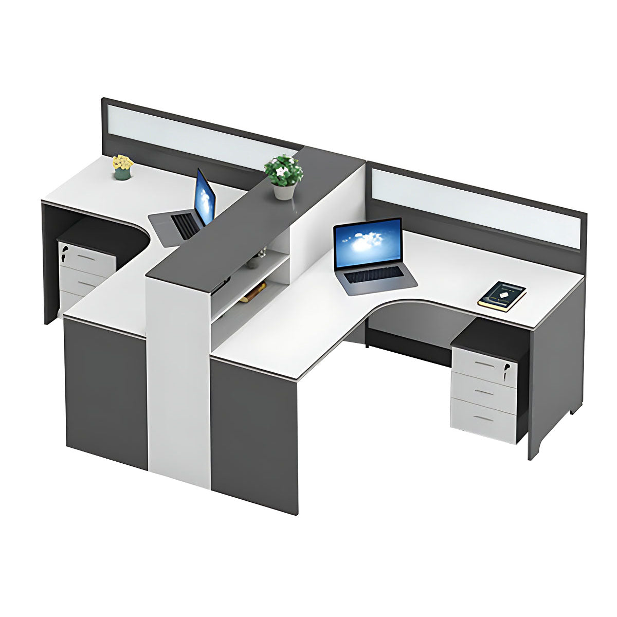 Modern L-Shaped Office Desk with Integrated Shelving & Partition Panels