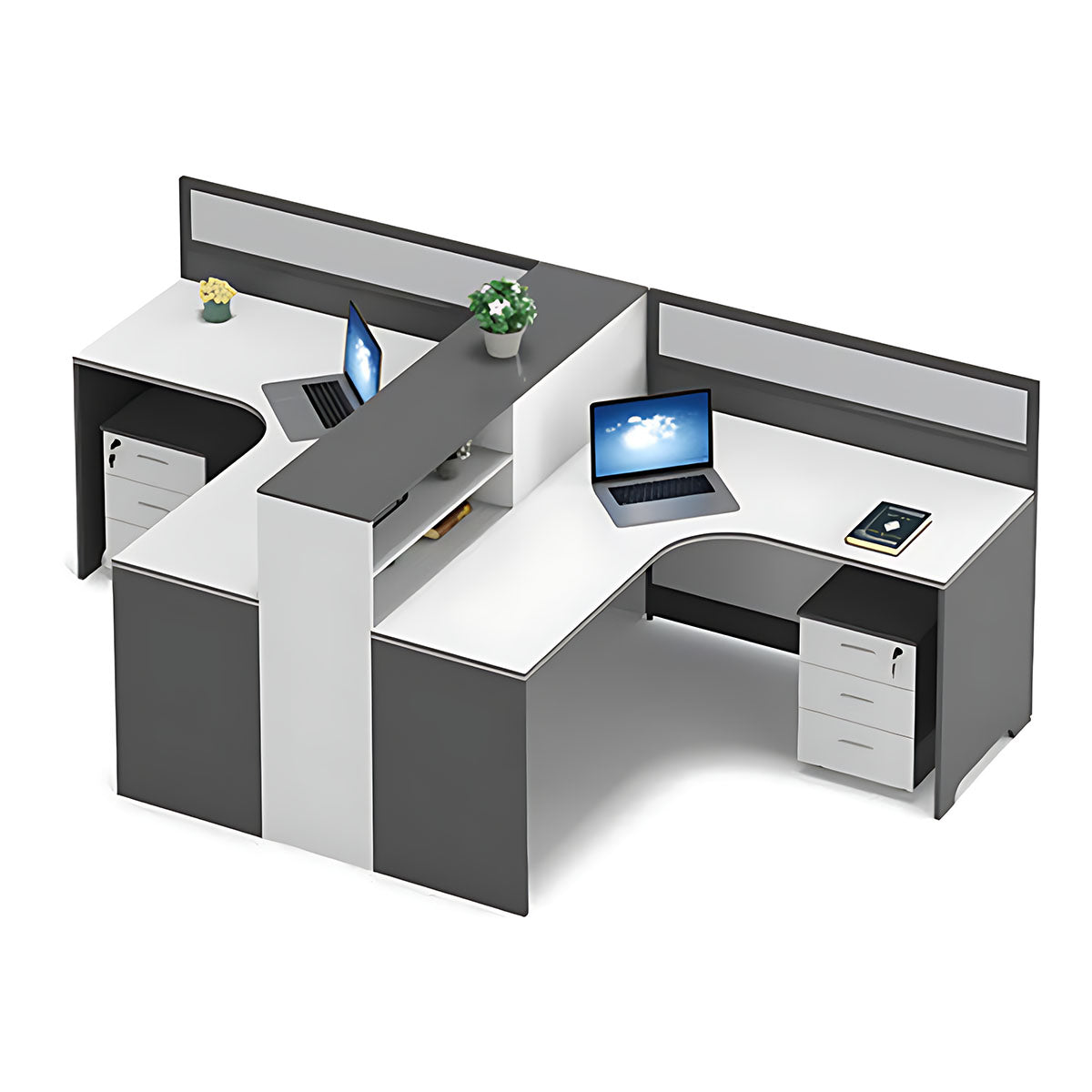 Modern L-Shaped Office Desk with Integrated Shelving & Partition Panels