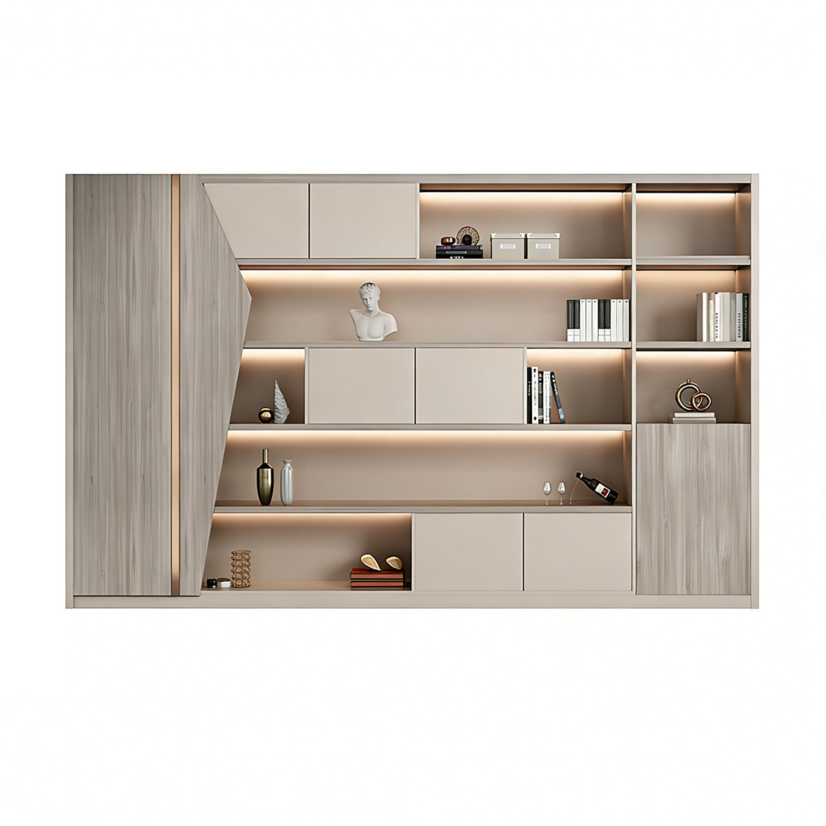 Storage Cabinet, Light Gray Oak & Warm Beige, Light Gray Oak & Warm Beige finish, L94" x W16" x H79", for office storage space, office storage furniture
