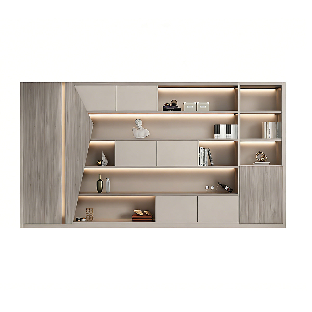 Storage Cabinet, Light Gray Oak & Warm Beige, Light Gray Oak & Warm Beige finish, L110" x W16" x H79", for office storage space, office storage furniture