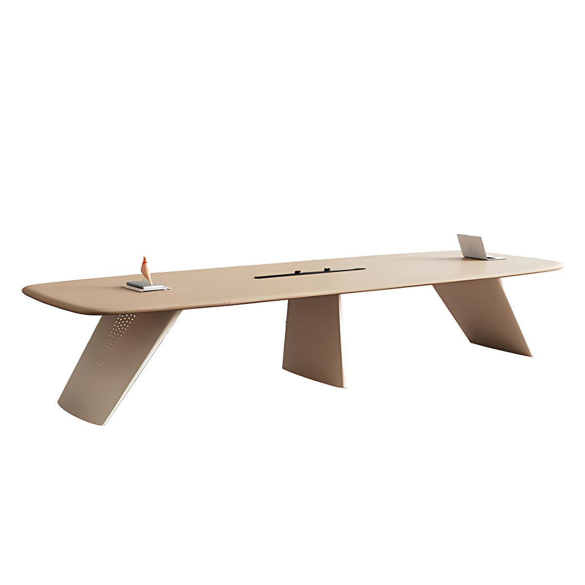 Minimalist Spacious Beige Conference Table with Hollow LED Light Strip and Sturdy Legs