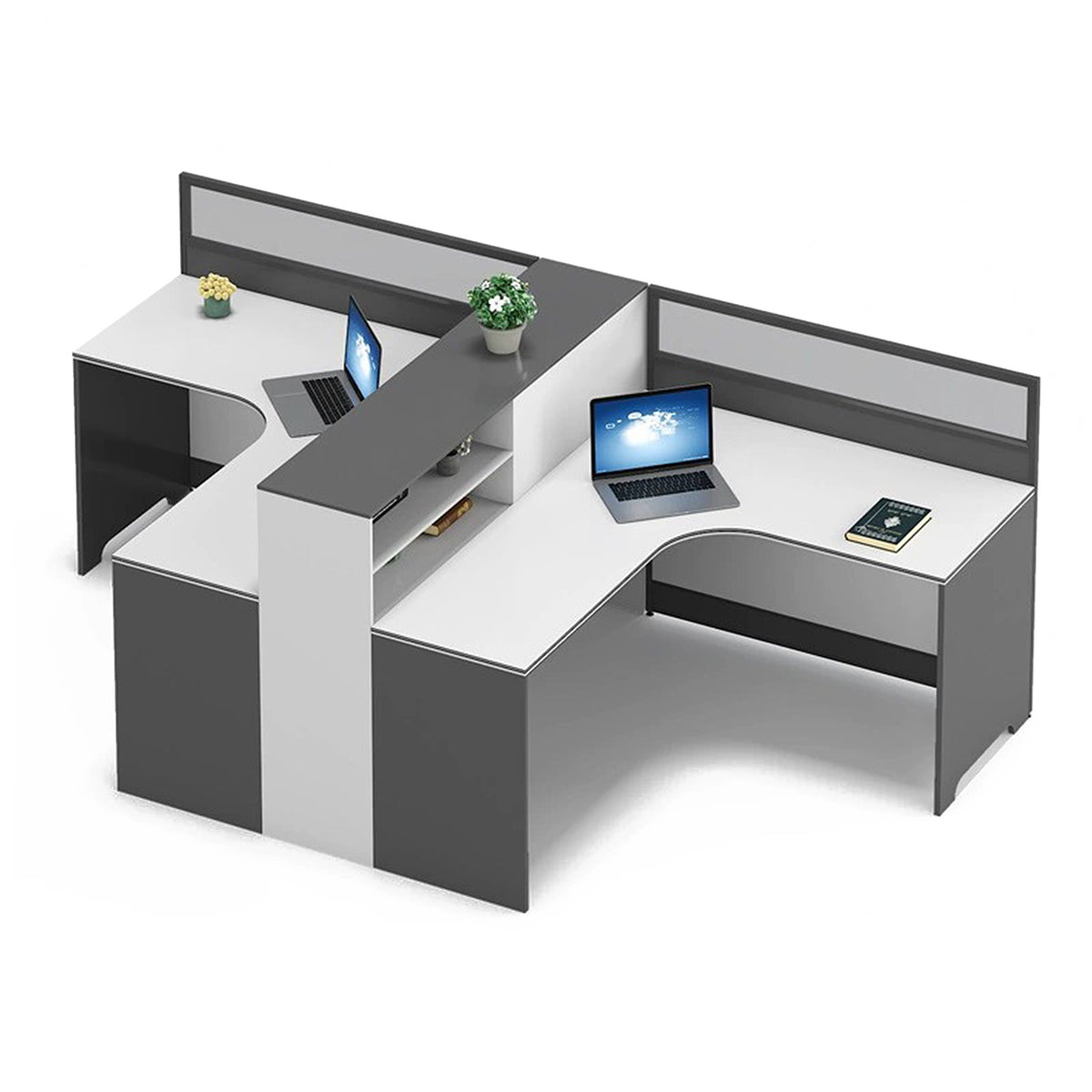 Modern L-Shaped Office Desk with Integrated Shelving & Partition Panels
