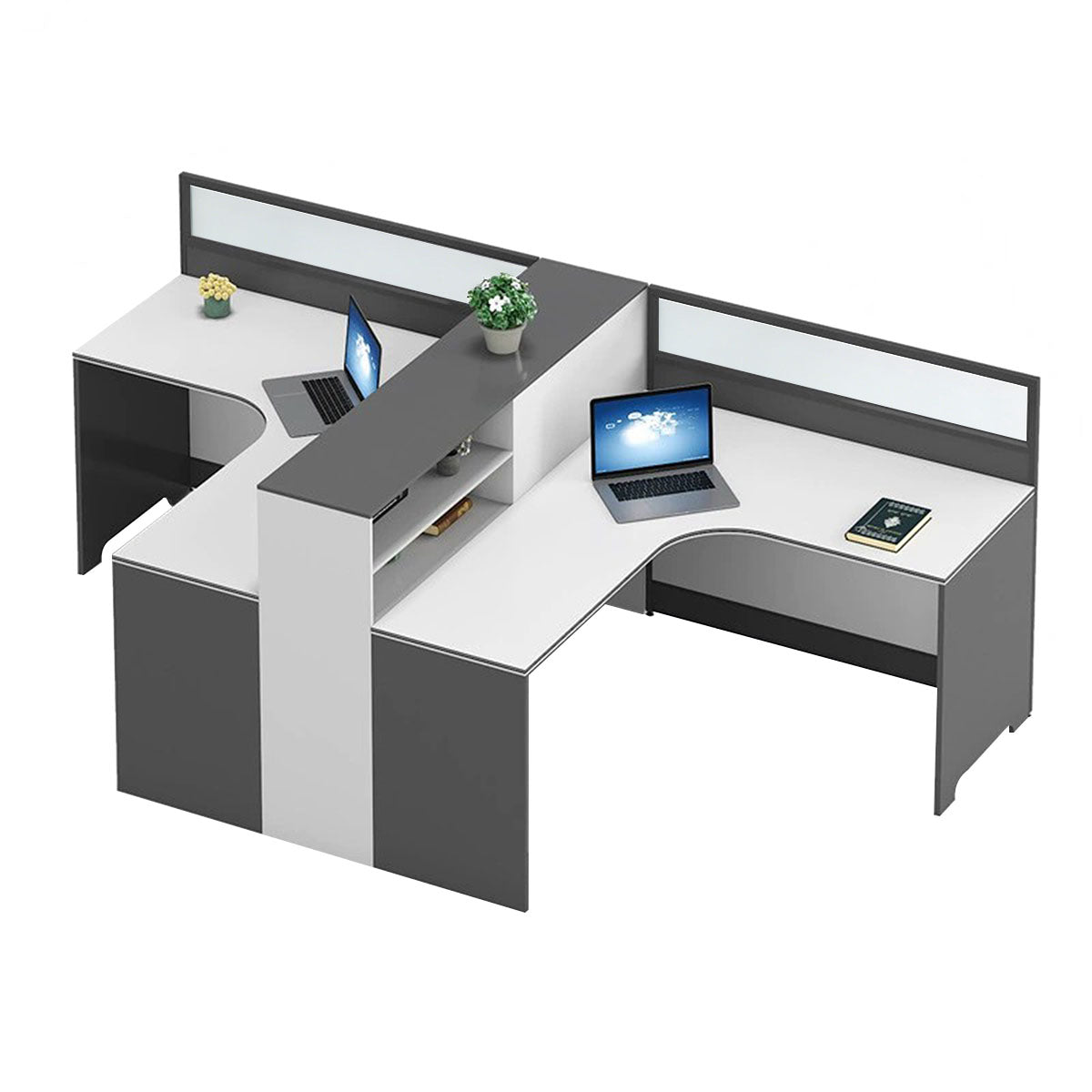 Modern L-Shaped Office Desk with Integrated Shelving & Partition Panels