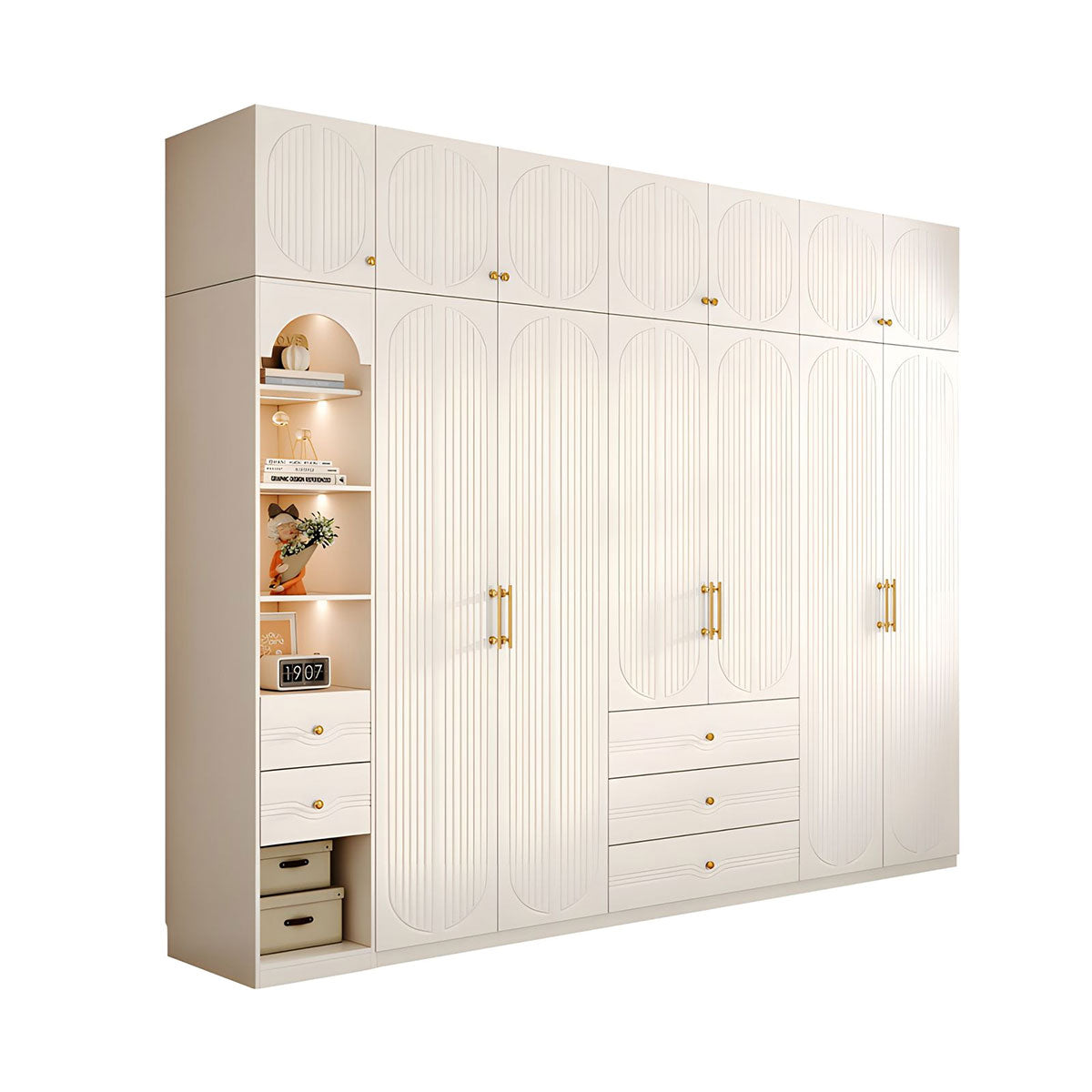 Modern MDF Wardrobe with Drawers Hanging Rods and 3D Carved Storage