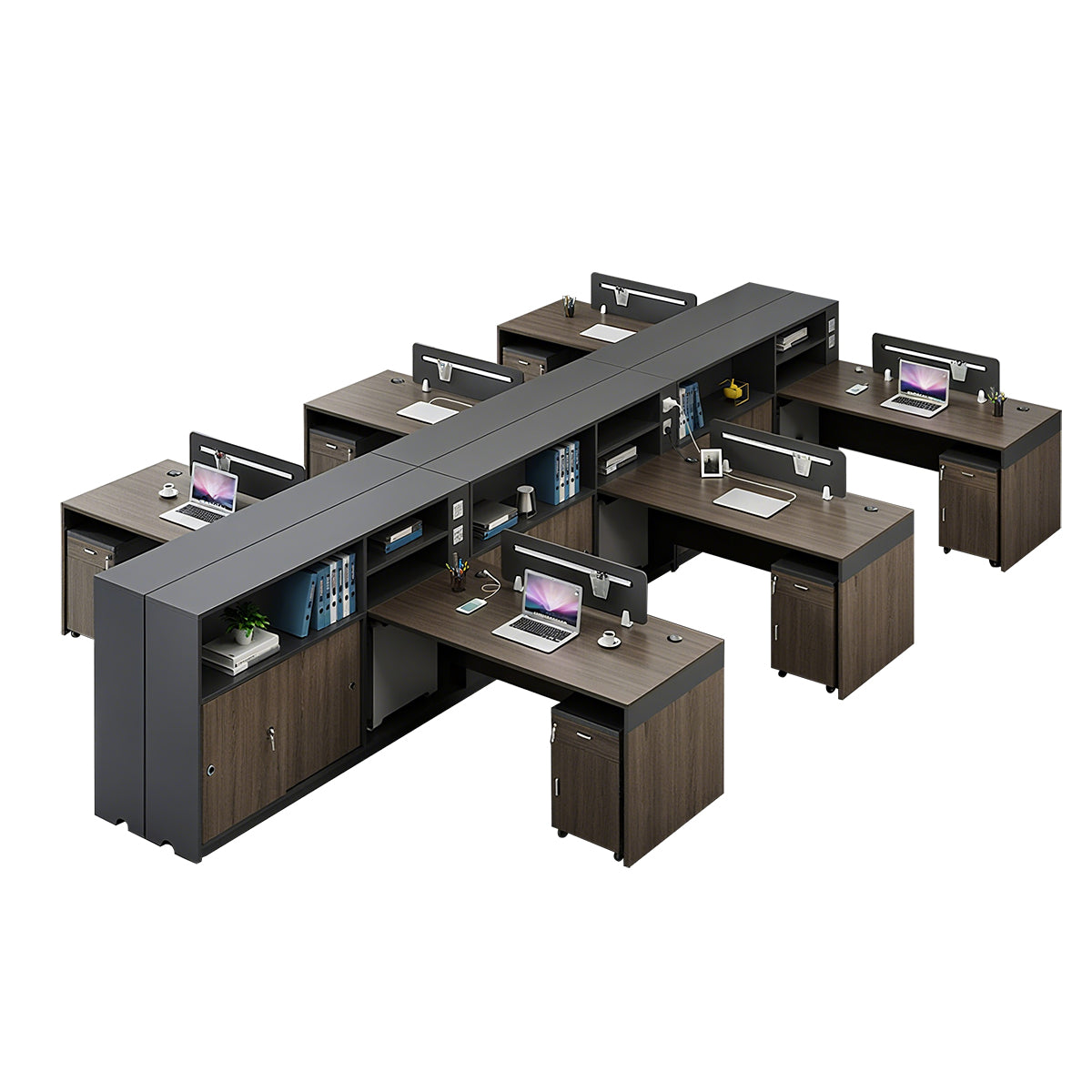 Minimalist Dark Gray and Walnut Cubicle Desk with Mobile Lockable Storage Cabinet