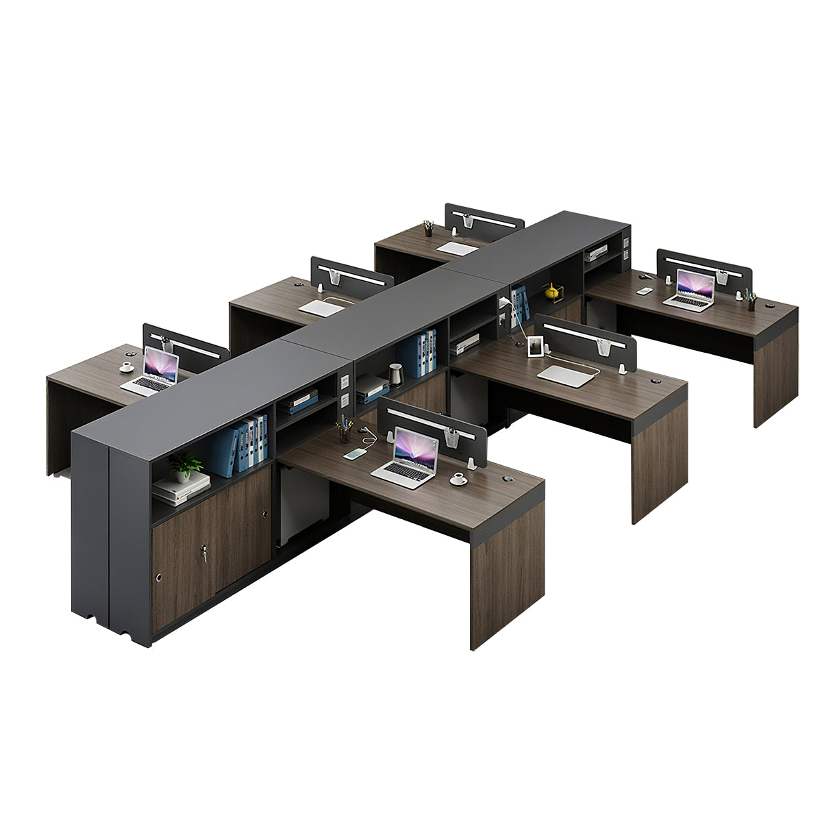 Minimalist Dark Gray and Walnut Cubicle Desk with Mobile Lockable Storage Cabinet