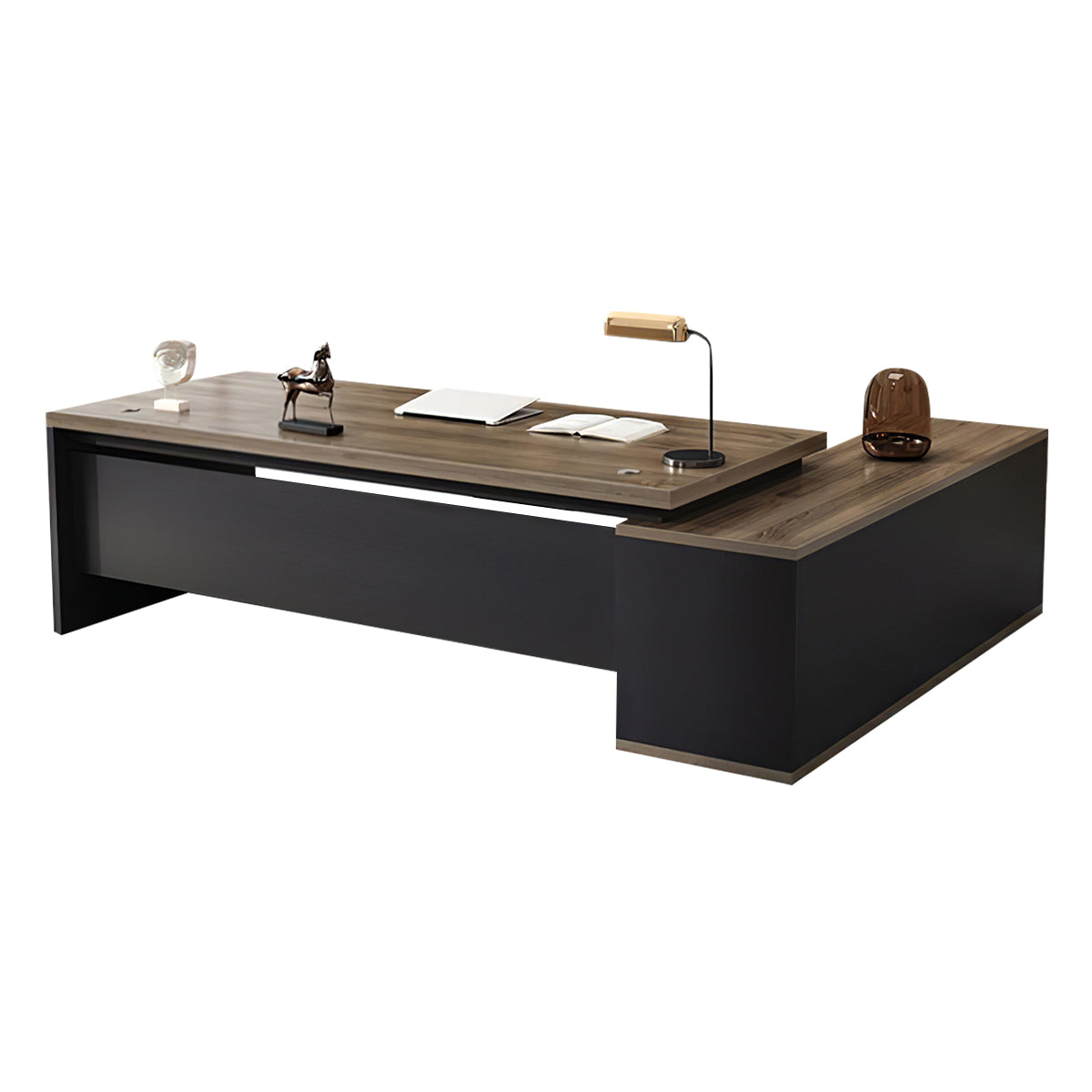 Modern L-Shaped Wood Grain Executive Desk with Storage Side Cabinet