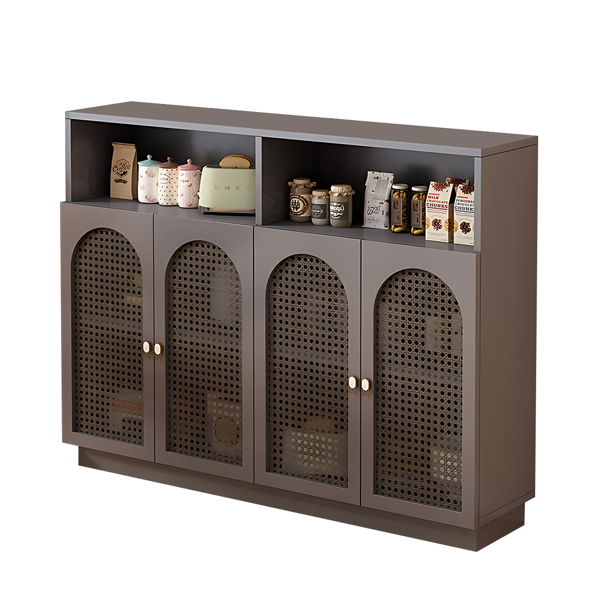 Modern Rattan Buffet Sideboard with Adjustable Shelves and Cabinet Storage