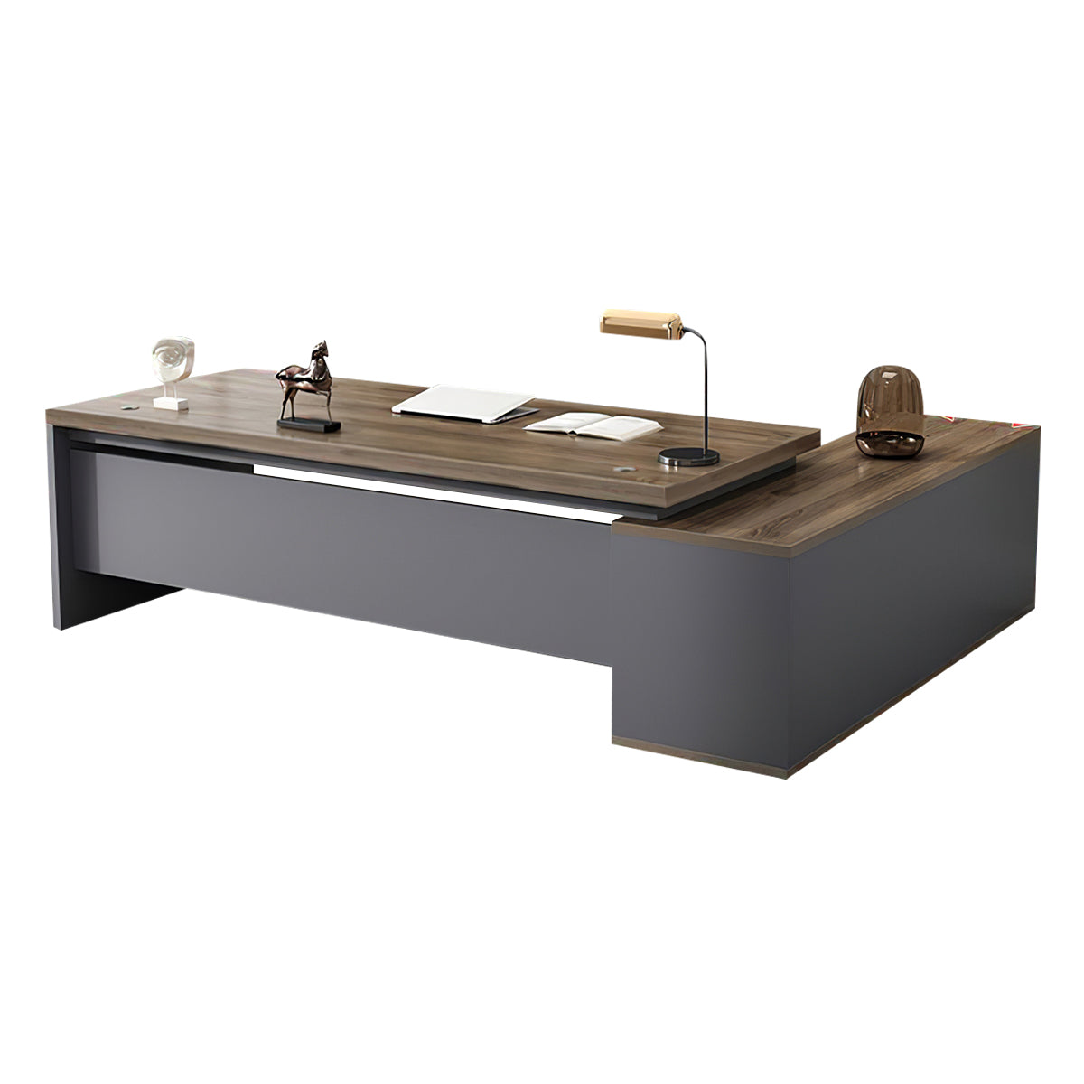 Modern L-Shaped Wood Grain Executive Desk with Storage Side Cabinet