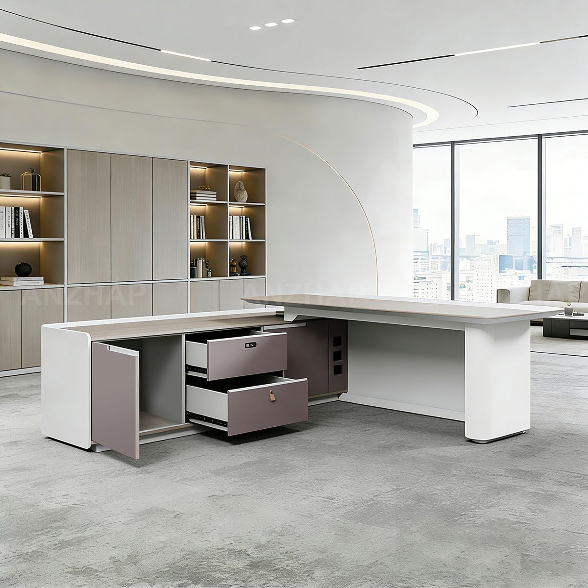 Modern Executive Office Desk with Cabinet Storage and Cable Management（Stock Items）