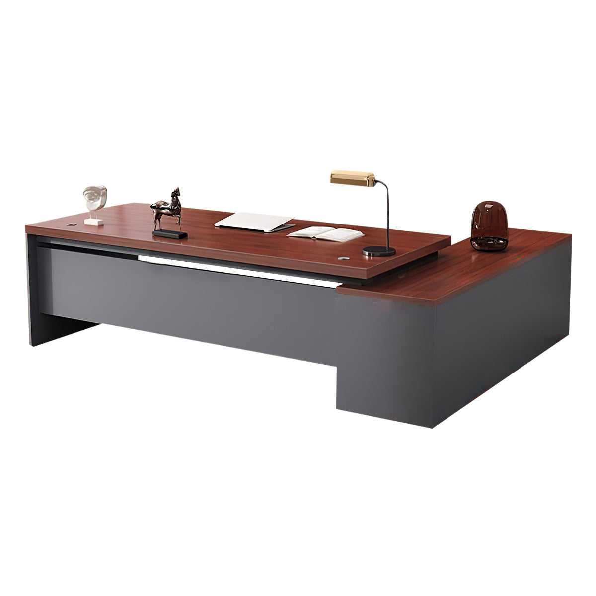 Modern L-Shaped Wood Grain Executive Desk with Storage Side Cabinet