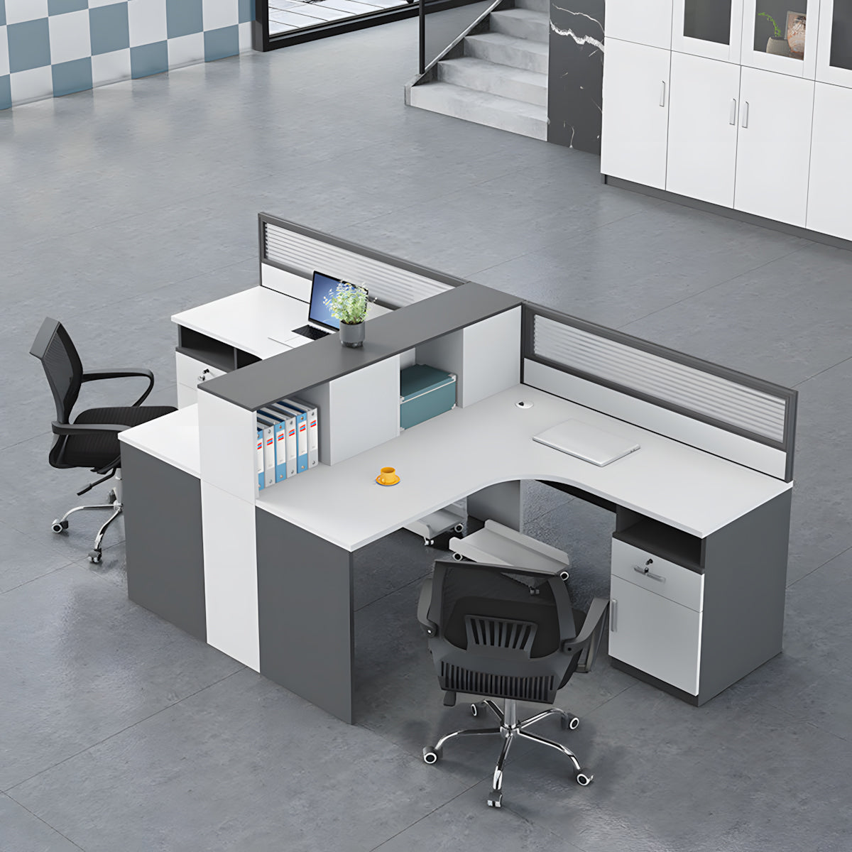 Modern L-Shaped Staff Office Desk with Partition and Storage Cabinet