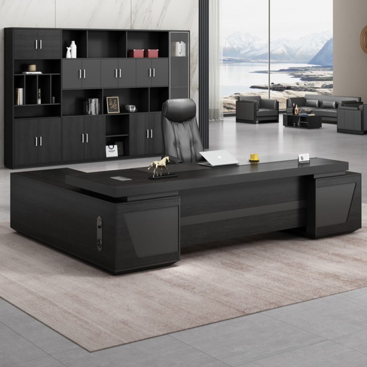 Modern L-Shaped Executive Desk with Drawers and Cabinet（Stock Items）