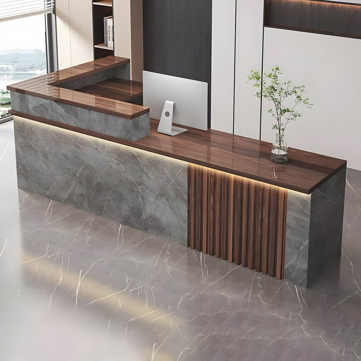 Minimalist L-Shaped Reception Desk with Corner Storage Cabinet（Stock Items）