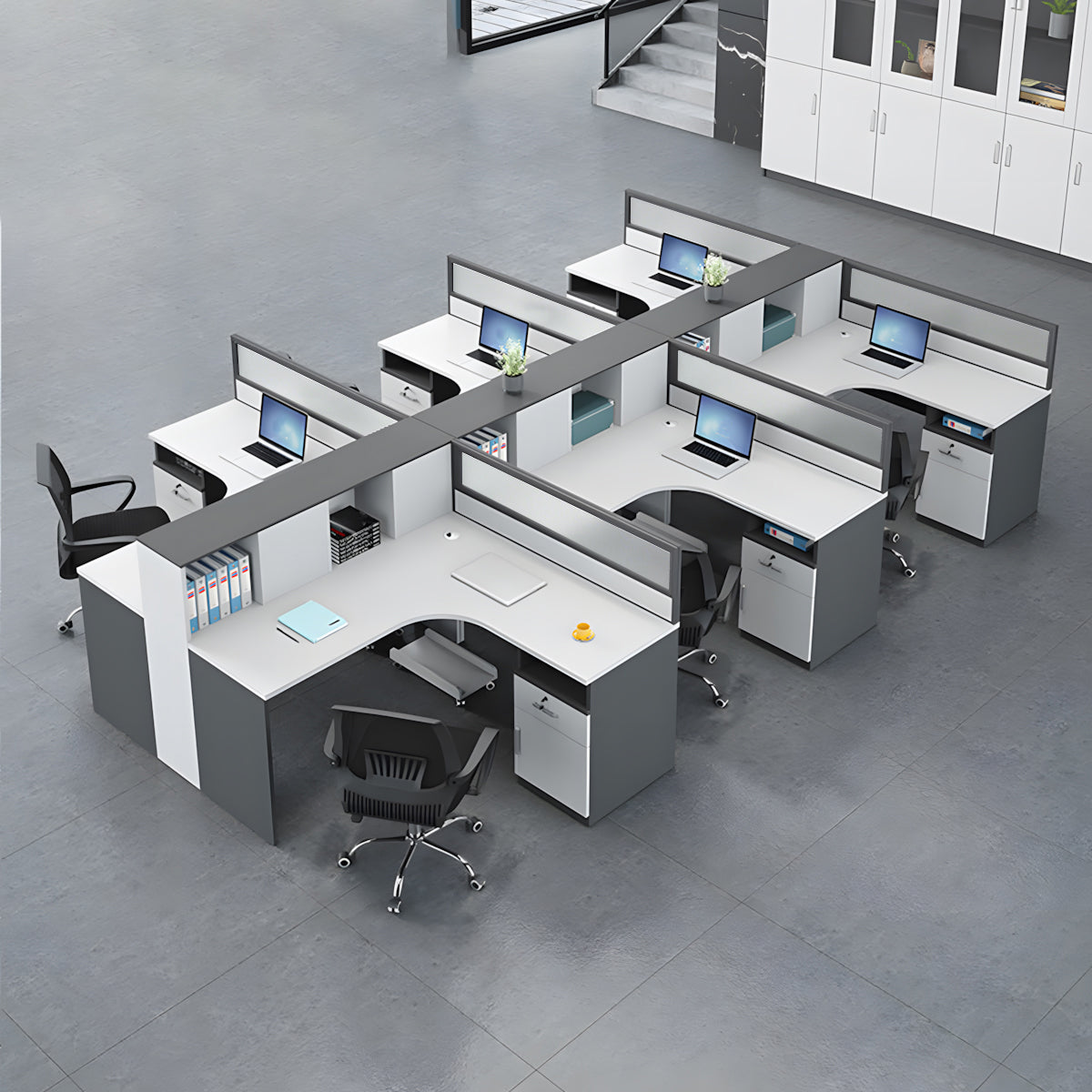 Modern L-Shaped Staff Office Desk with Partition and Storage Cabinet