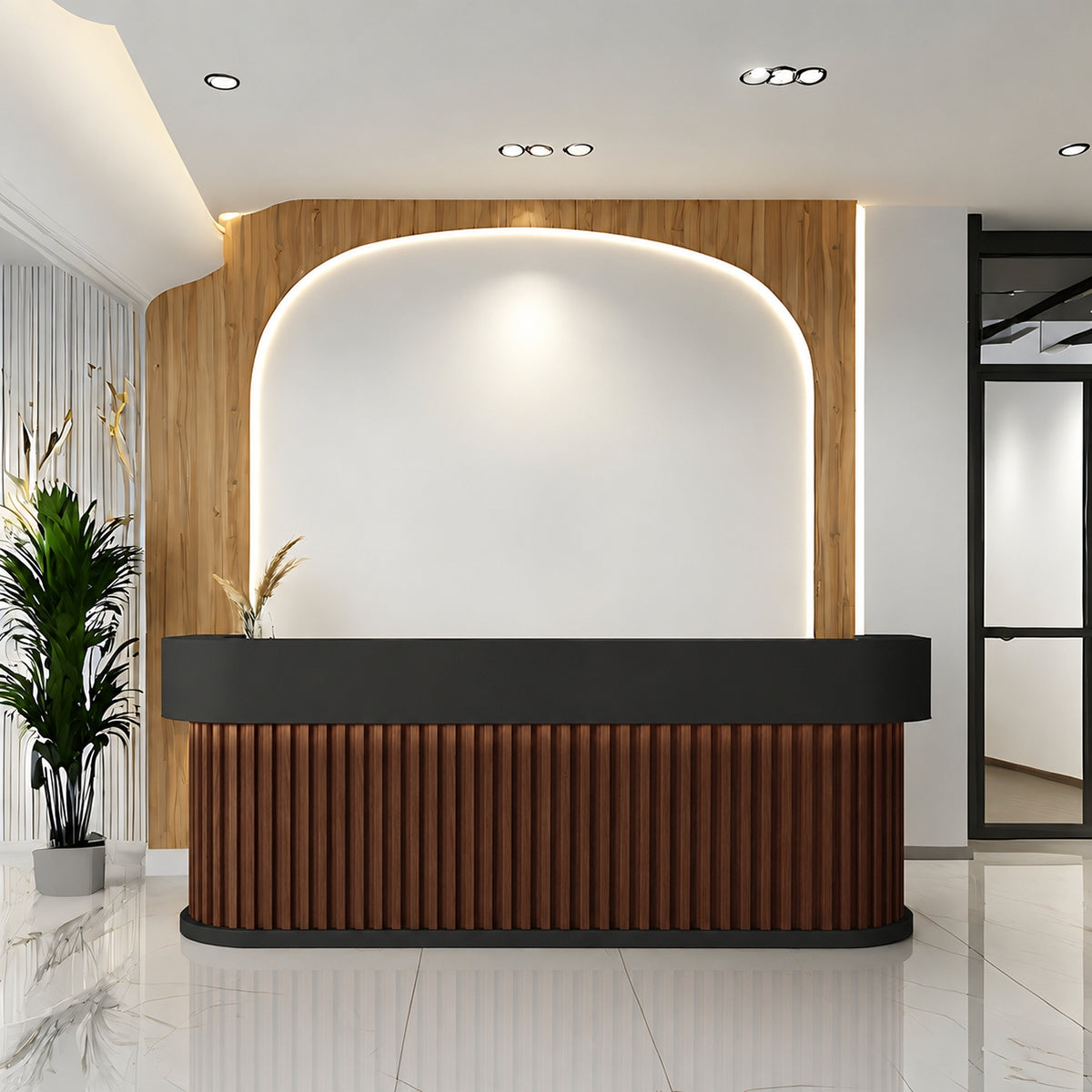 Salon Reception Desk 39-157 in Wide with Keyboard Tray, File Drawers & Fluted Front（Stock Items）