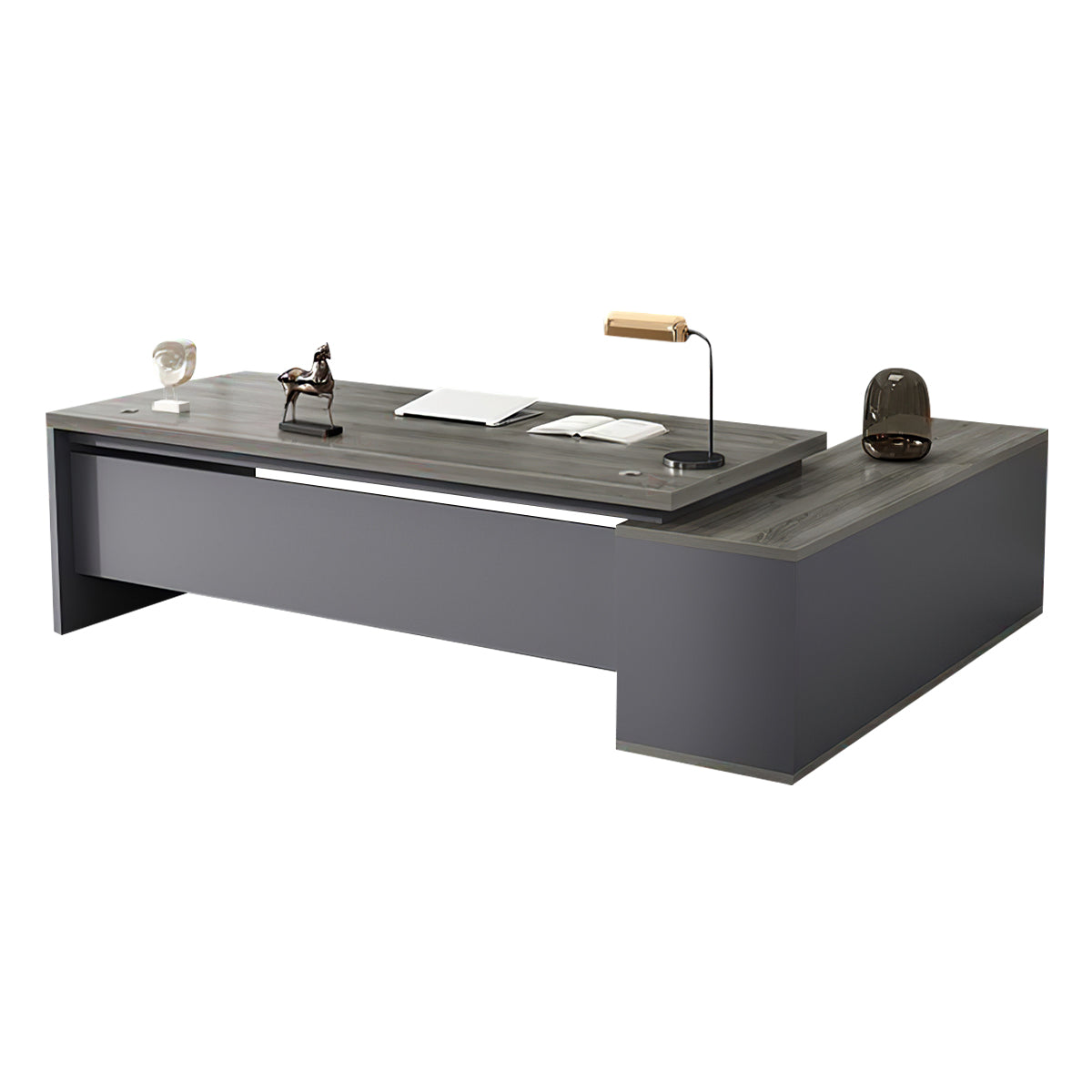 Modern L-Shaped Wood Grain Executive Desk with Storage Side Cabinet