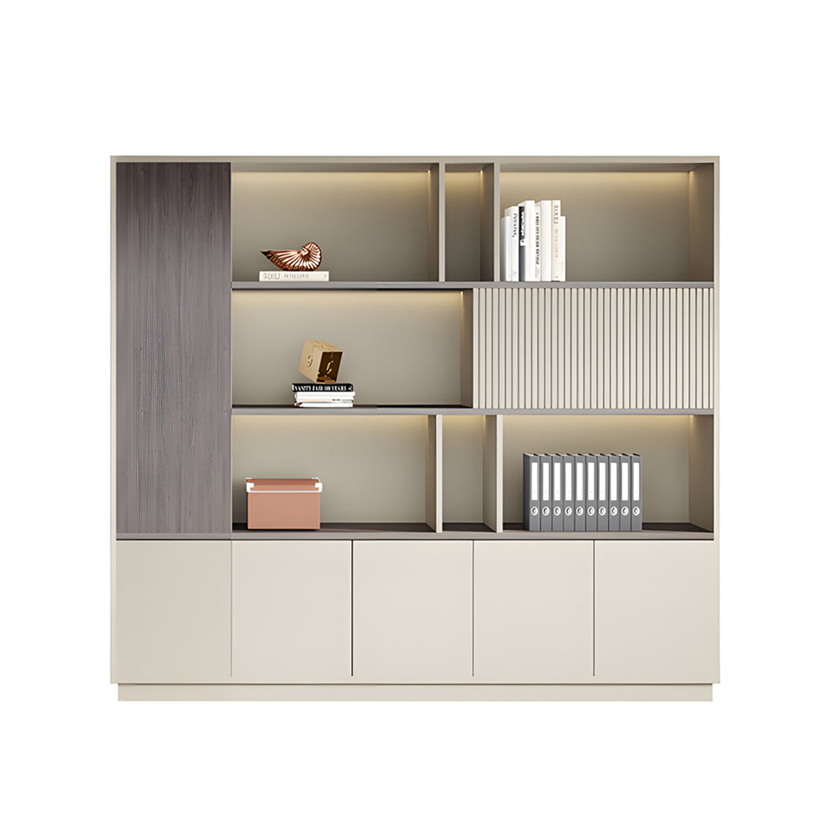 Elegant Storage Cabinet with Soft Lighting Strip and Open Storage