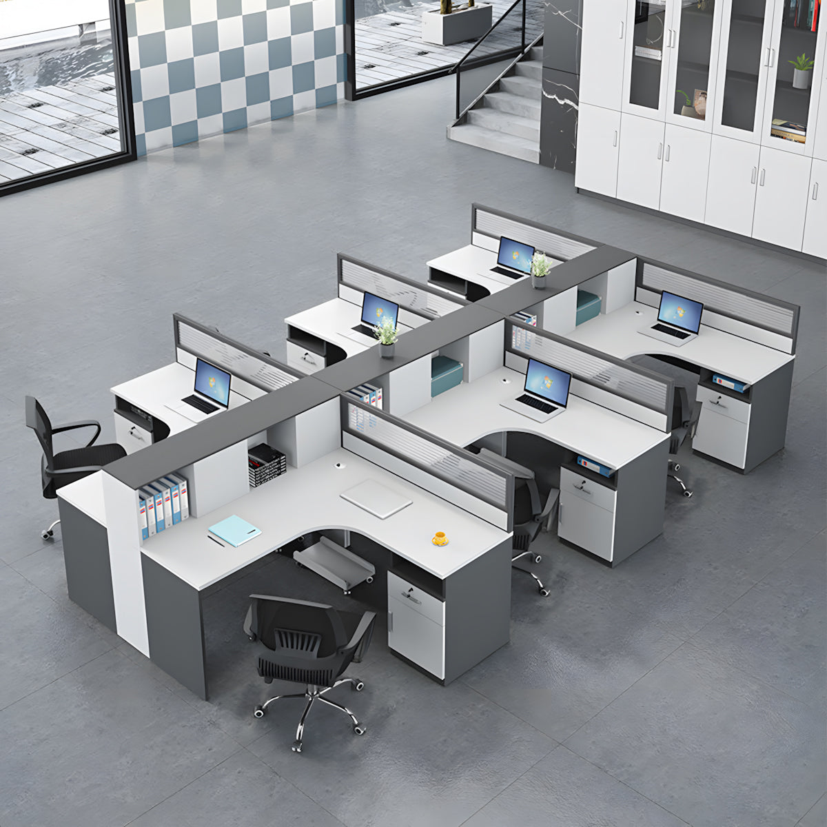 Modern L-Shaped Staff Office Desk with Partition and Storage Cabinet