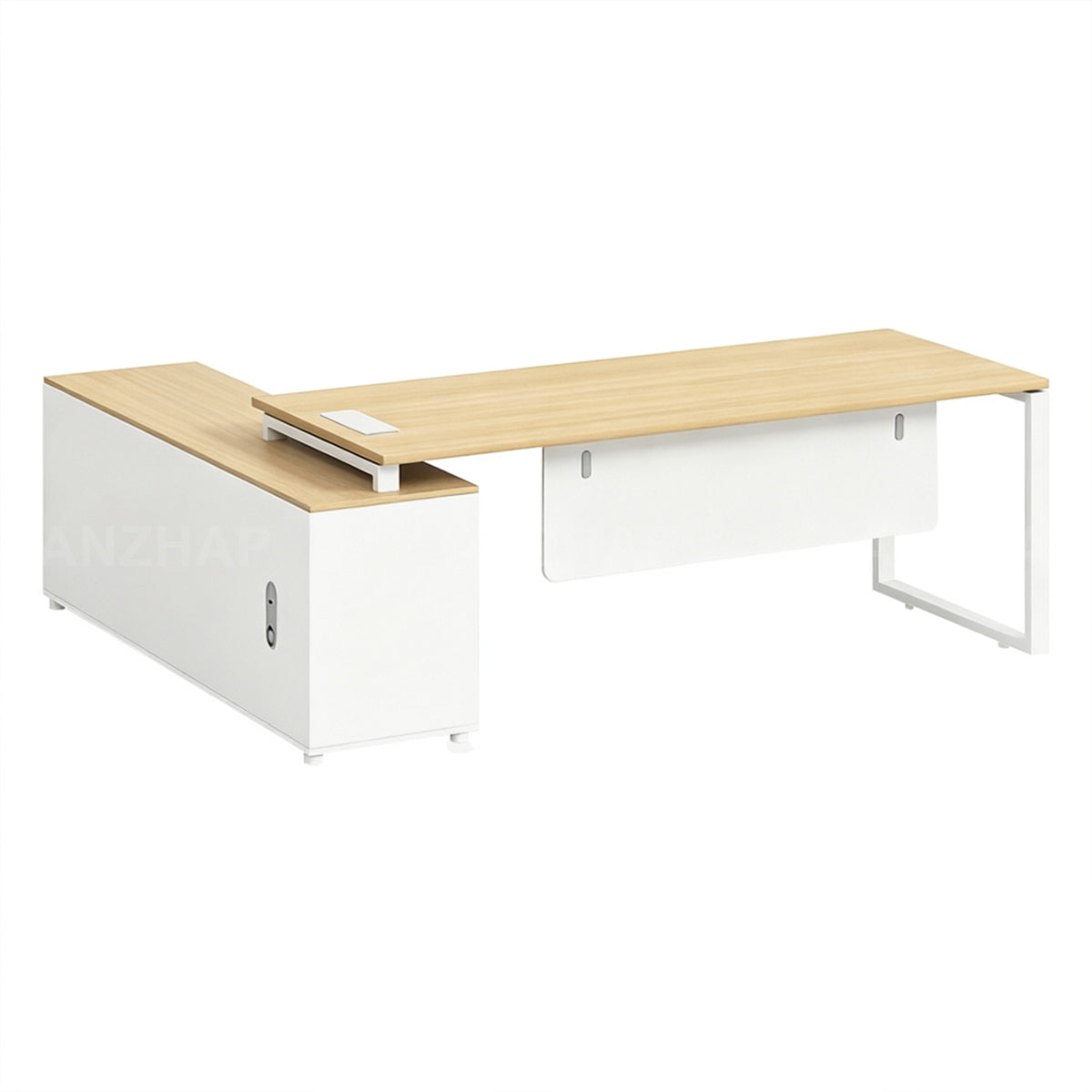 Office Desk, Wood Grain & White Left or Right (Interchangeable), Wood Grain & White finish, L63" x W63" x H30", for office workspace, executive office...