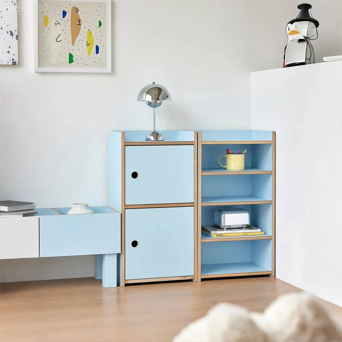 Minimalist Light Blue Birch Plywood Bookshelf with Modular Storage