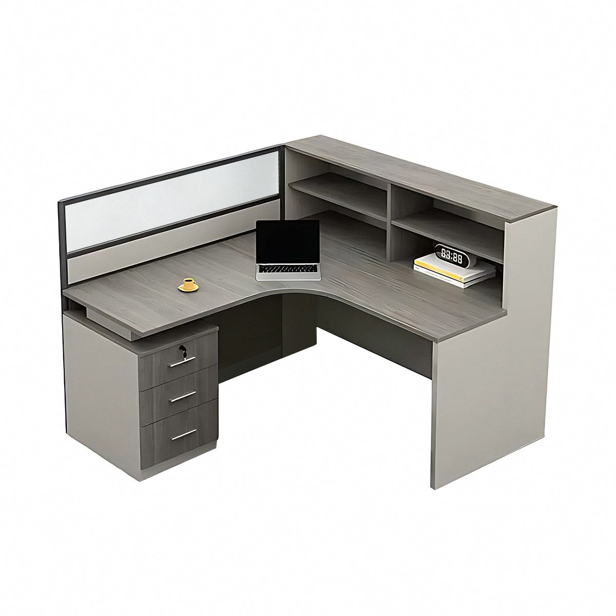Minimalist Desk with Screen Dividers and High Cabinets