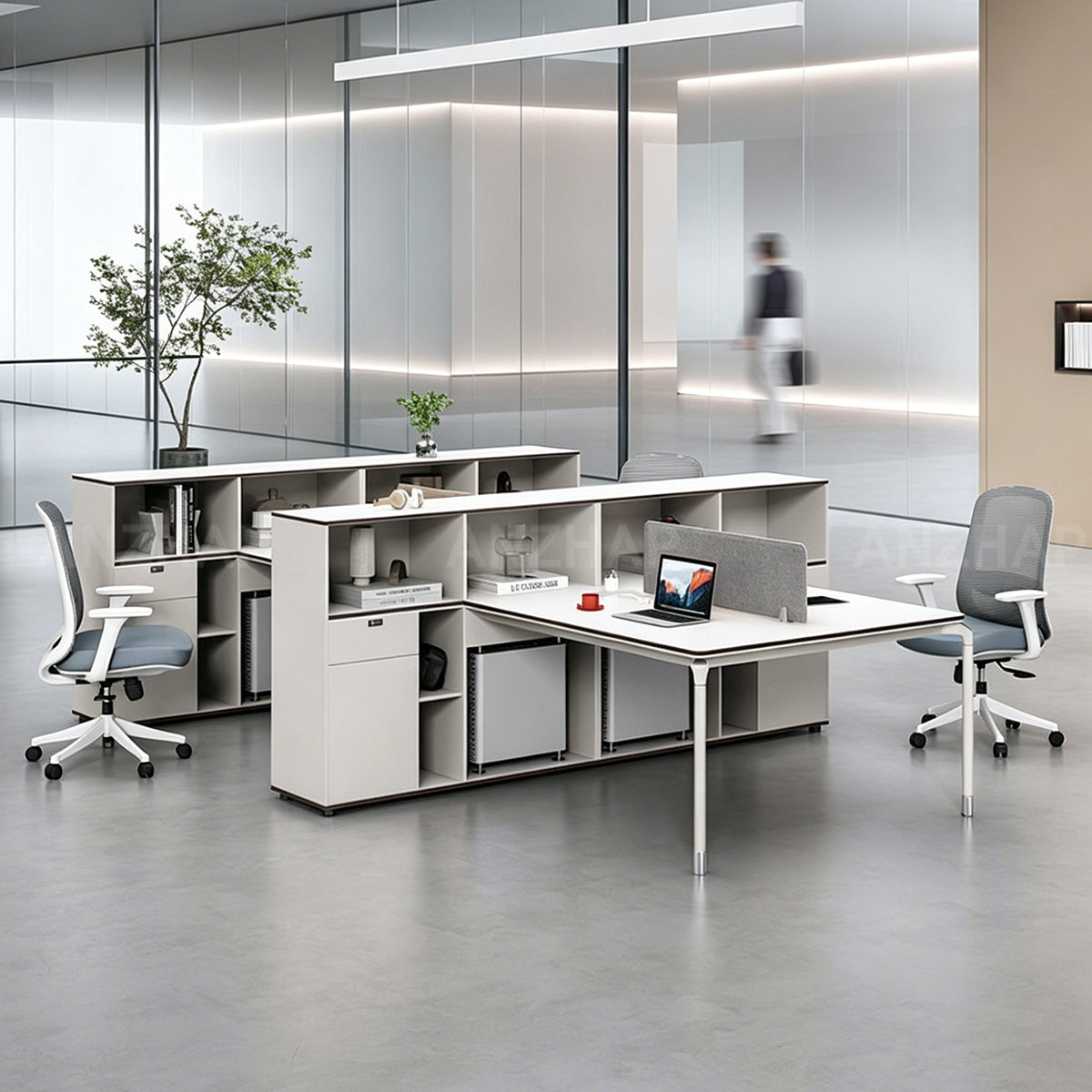 Office Desk with Large Side Cabinet, Fabric Privacy Panel and Built-In Power Outlet