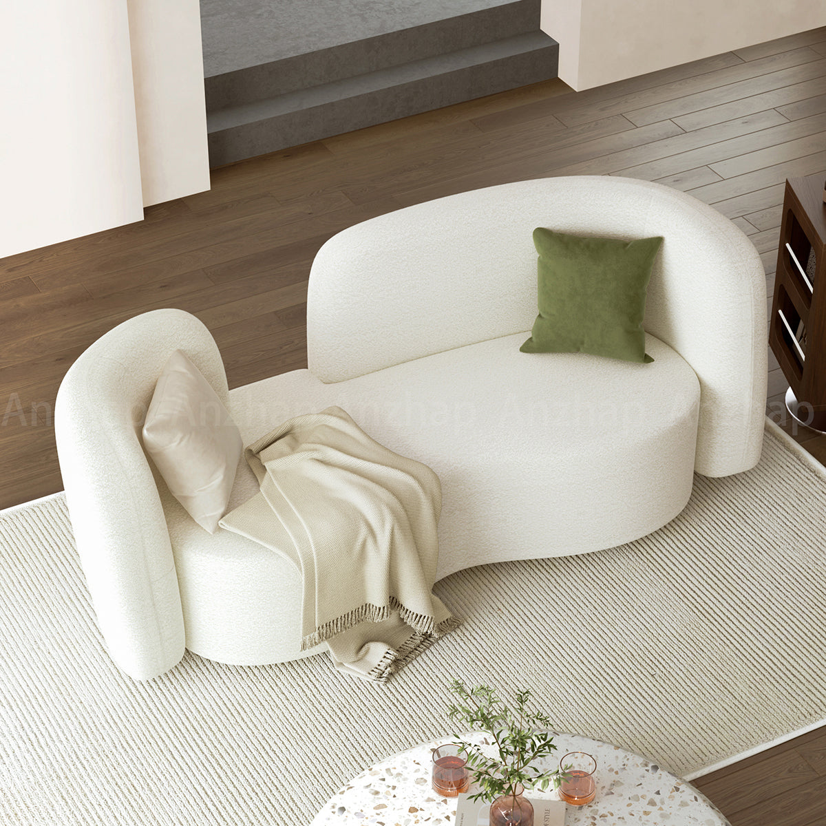 Modern Nordic Curved White Fabric Sofa with Padded Backrest and Wood Frame（Stock Items）