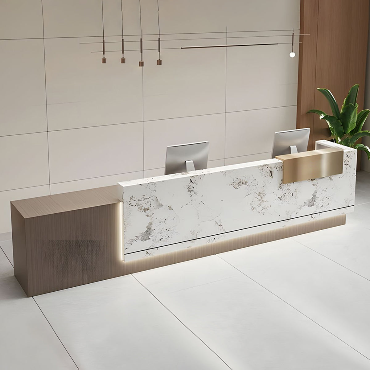 Modern Marble Reception Desk with LED Lights and Storage Cabinets