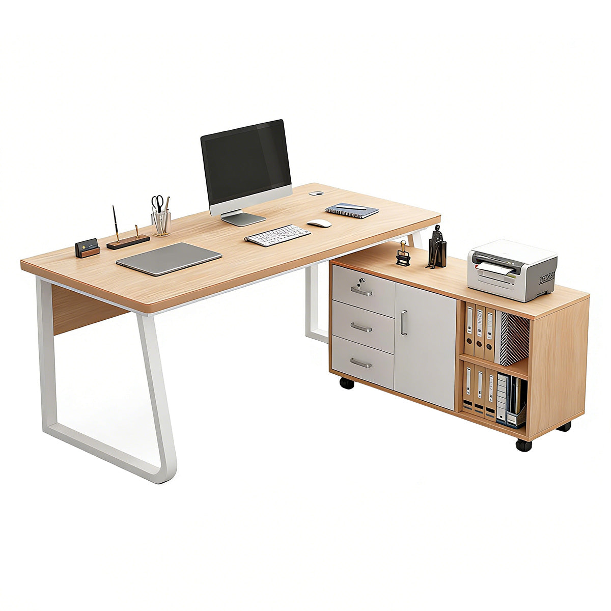 Sturdy Office Desk with Mobile Side Cabinet and Steel Legs for Workspace