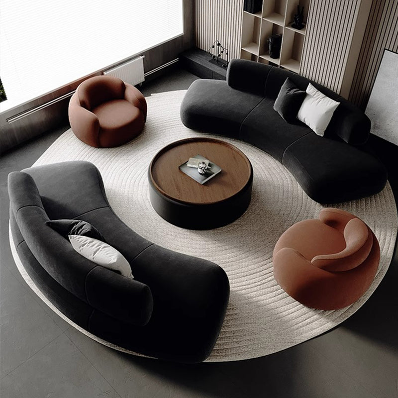 Vintage High-End Curved Black Backrest Sofa with Thick Cushions