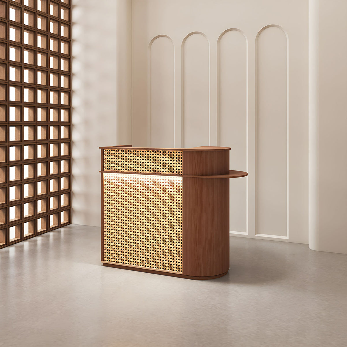 Rattan Reception Desk with LED Strip Lockable Drawer Storage High Density Board