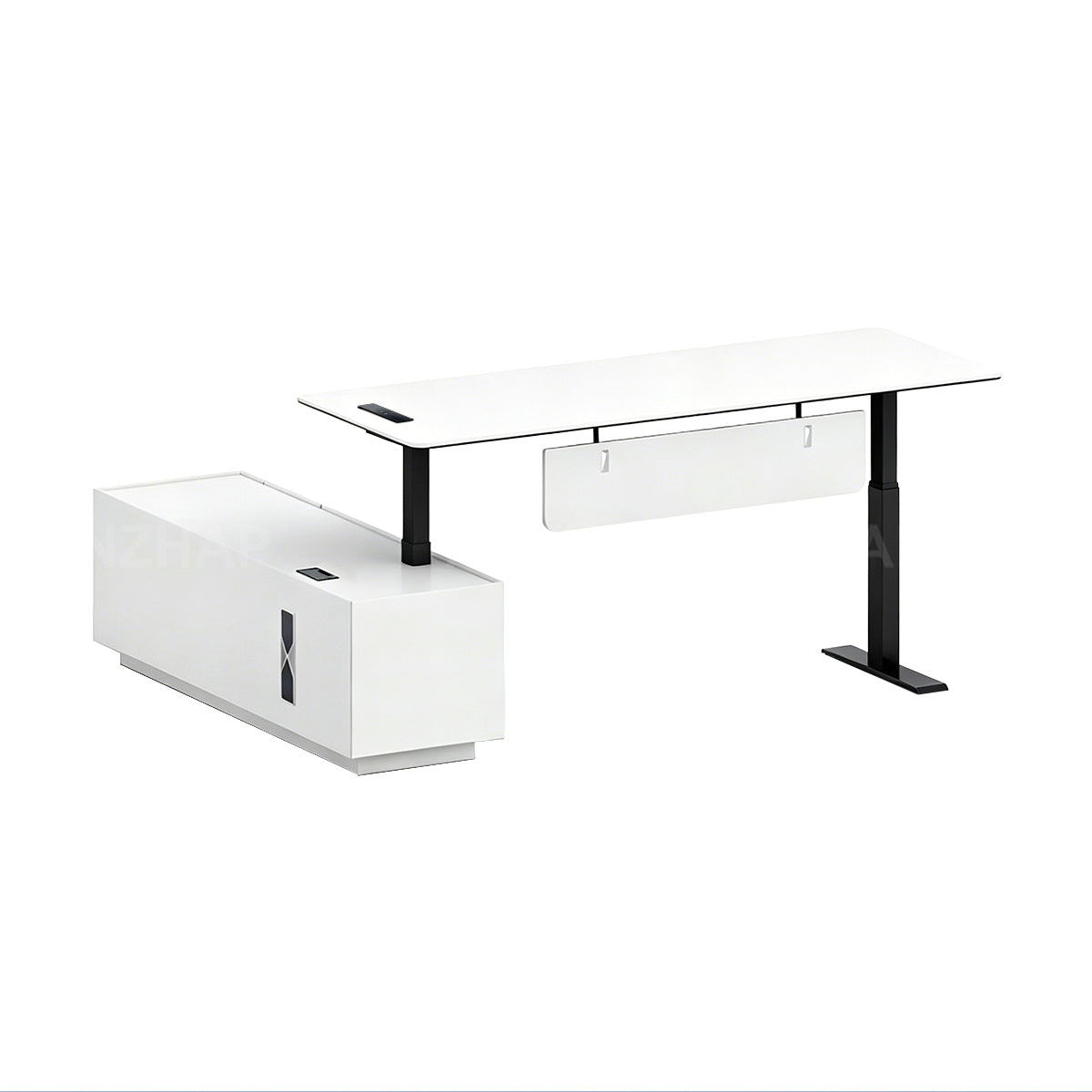 Modern Height-Adjustable Executive Desk with Power Outlets and Secure Side Storage