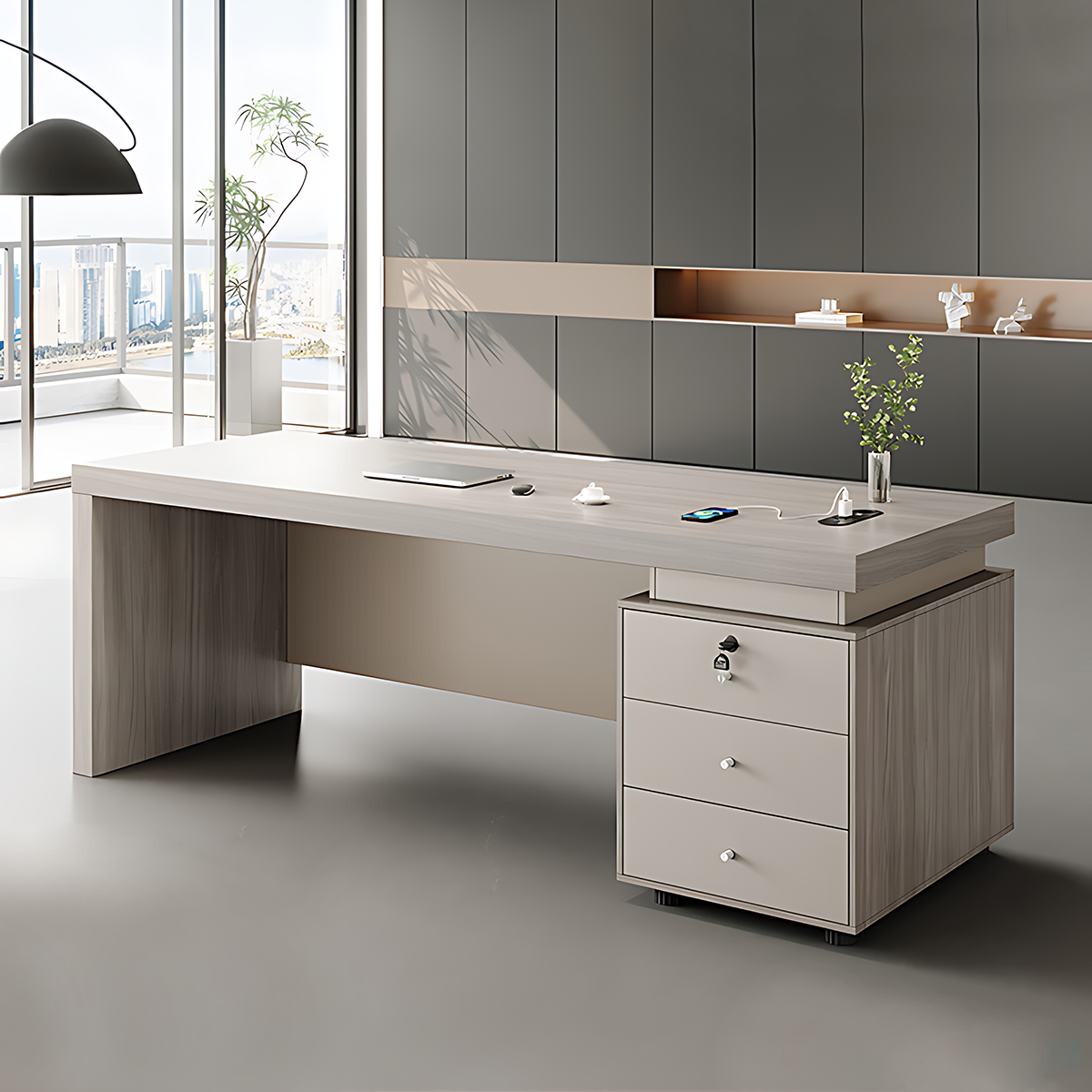 Modern Executive Office Desk with Storage Drawers Hidden CPU Storage