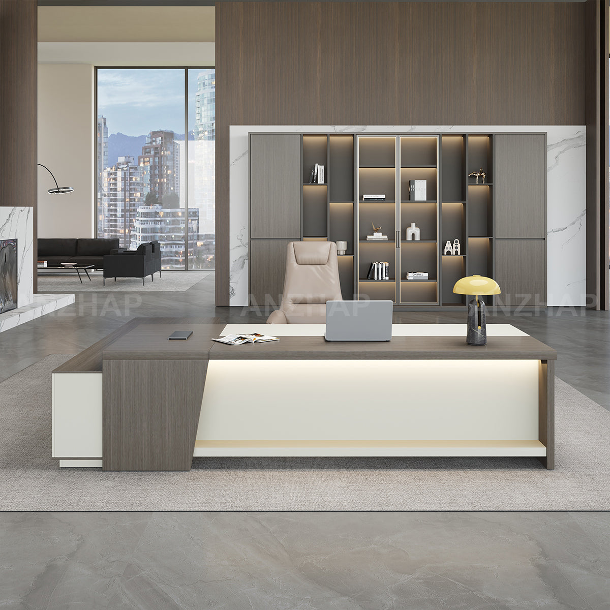 Minimalist Modern L-Shaped Executive Desk with Large Side Credenza and LED Lighting（Stock Items）