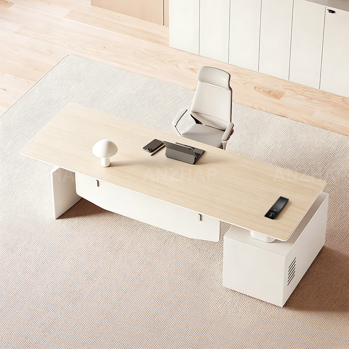 Modern Minimalist Executive Desk 55–94 in Wide with Built-In Power Outlets, File Drawers, Privacy Panel & Steel Frame