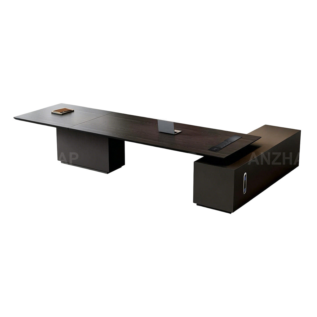 Anzhap height-adjustable executive desk with secure storage, desktop and workspace layout