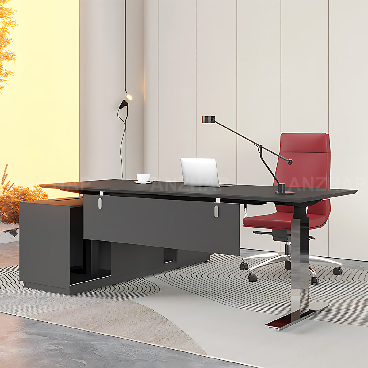 Electric Height-Adjustable Executive Desk with Power Hub and Storage Cabinet