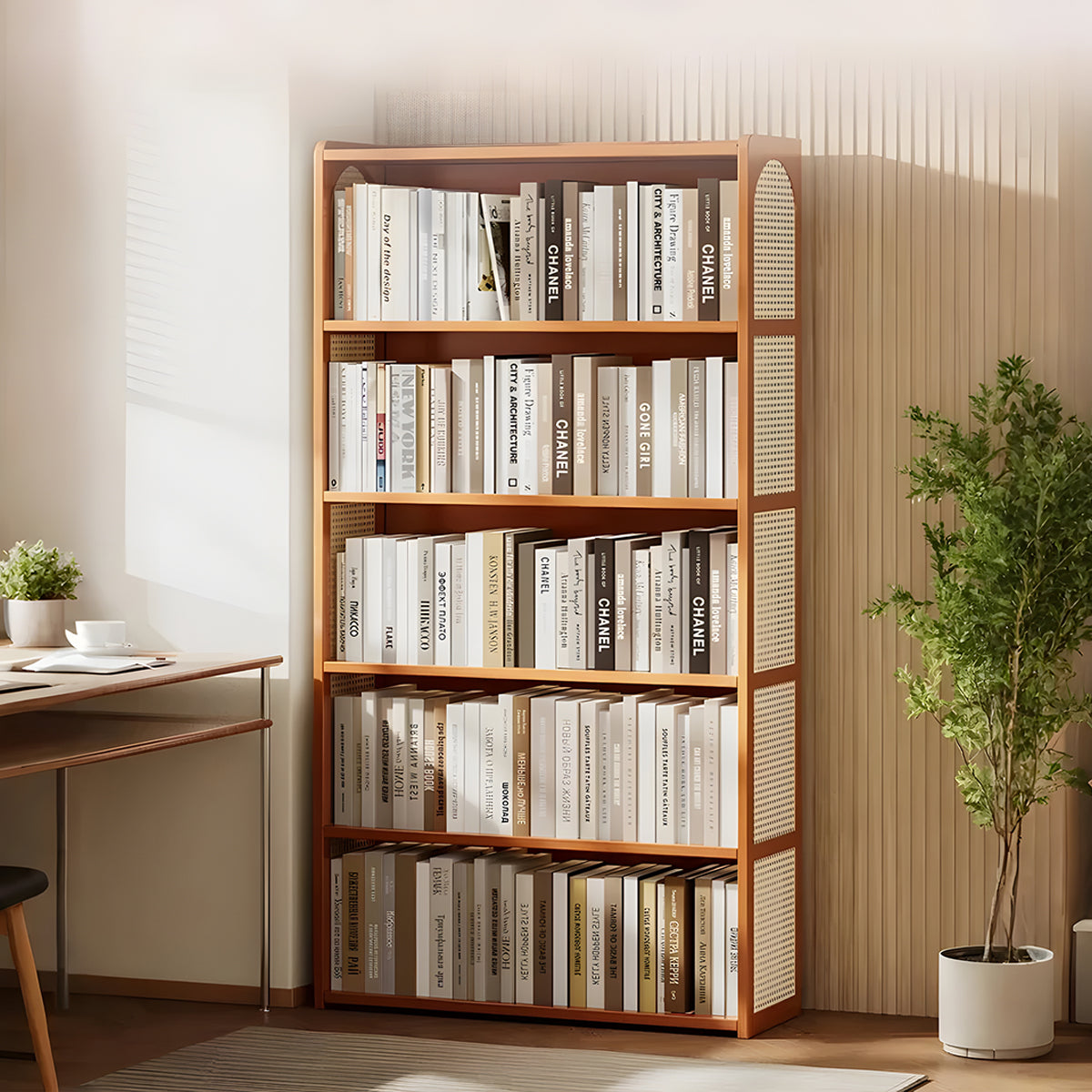 Multi-Functional Bamboo Bookshelf with Spacious Shelves and Raised Edges