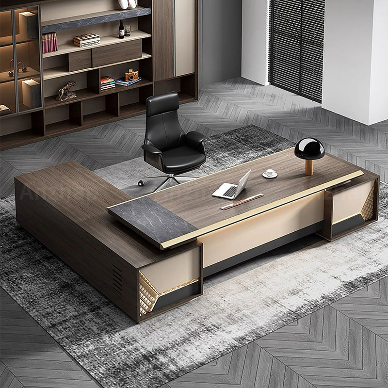 Elegant Minimalist Executive Desk with LED Accent Lighting and Thickened Desktop