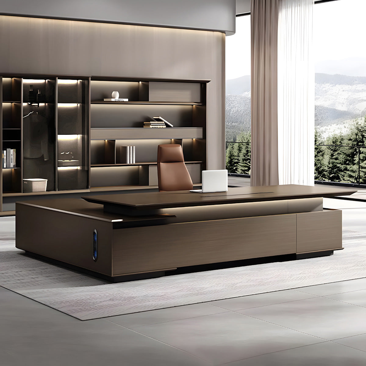 Italian-Style Luxurious Dark Brown L-Shaped Executive Desk with Spacious Desktop Design