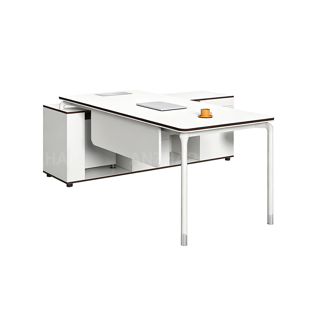 Modern Executive Desk with Built-In Power, Storage Cabinet, and Modesty Panel