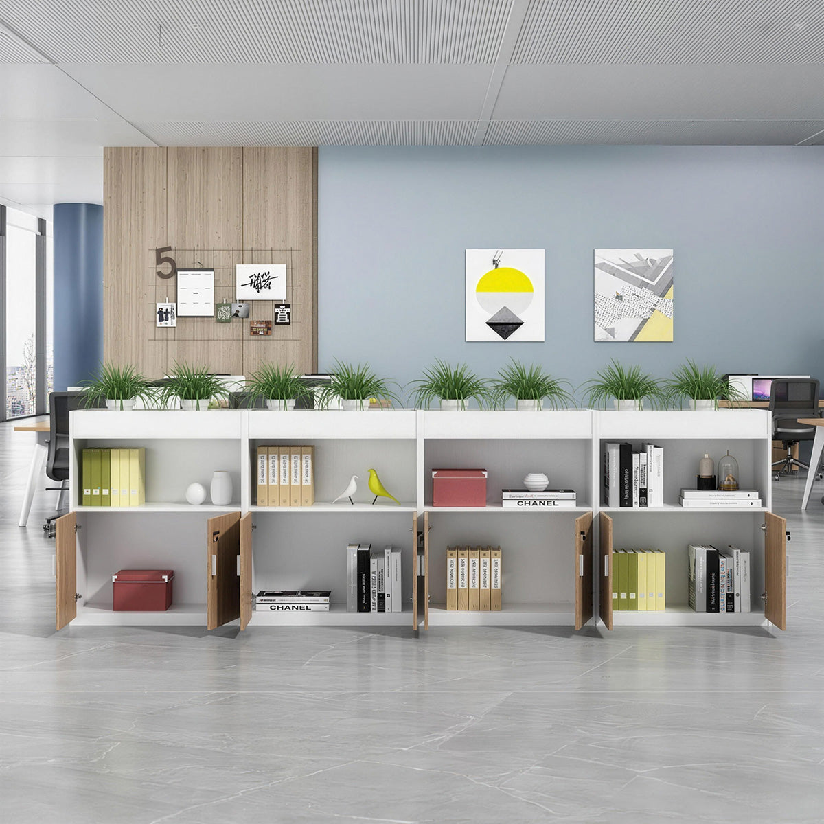 Scandinavian-Style Office Storage Cabinet with Open Cubbies and Wood-Tone Doors