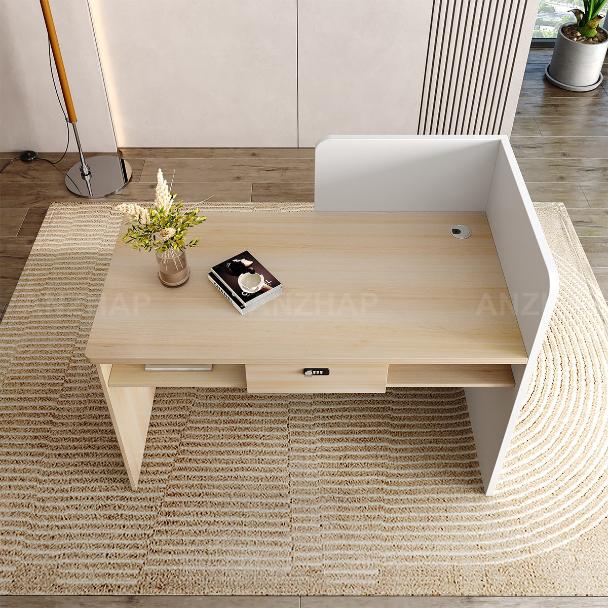 Elegant Reception Desk with Cable Management and Secure Storage for Offices