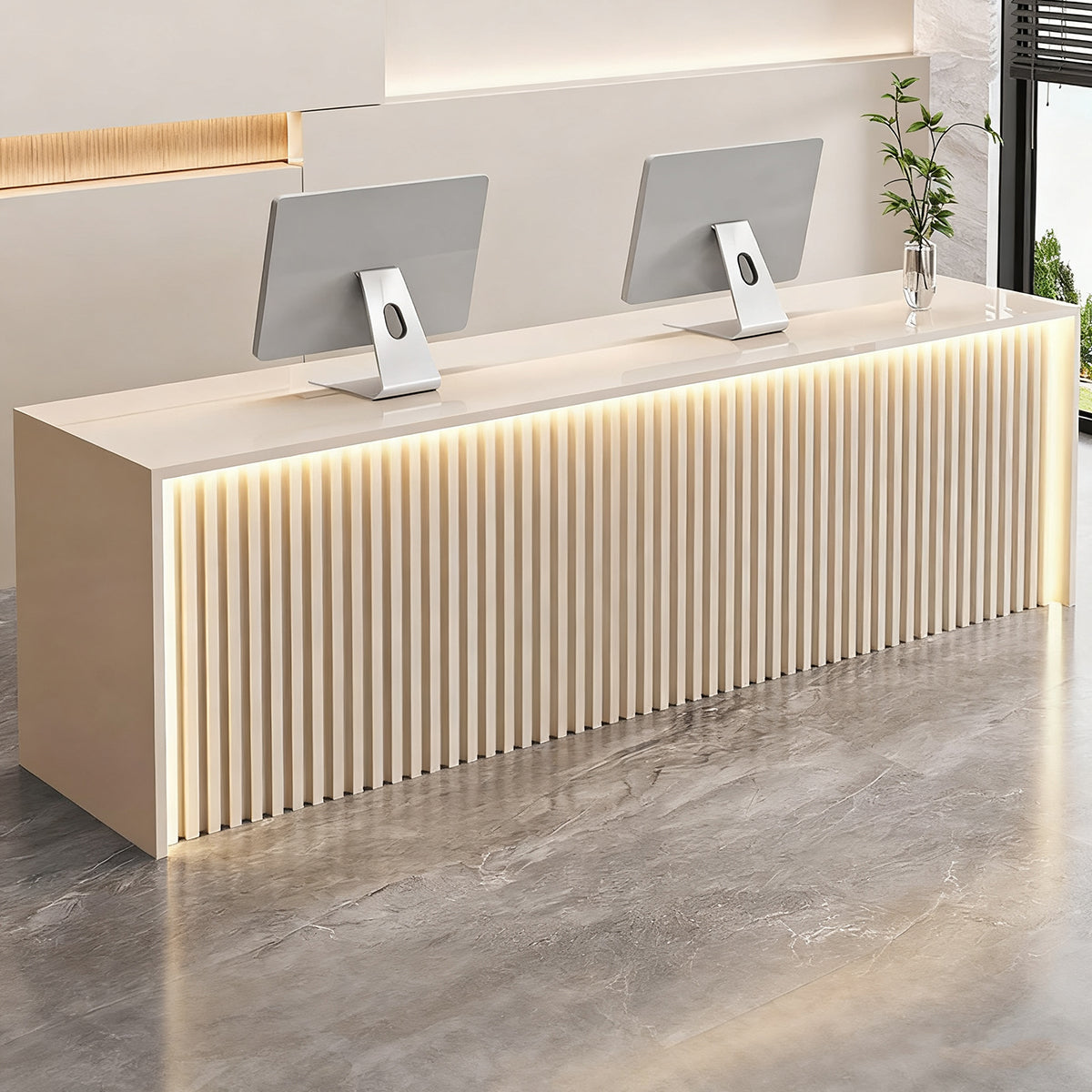 Modern Wood Slat Reception Desk with Lockable Storage and Keyboard Tray