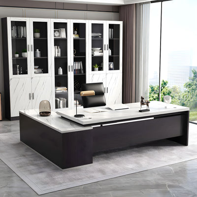 Modern L-Shaped Wood Grain Executive Desk with Storage Side Cabinet