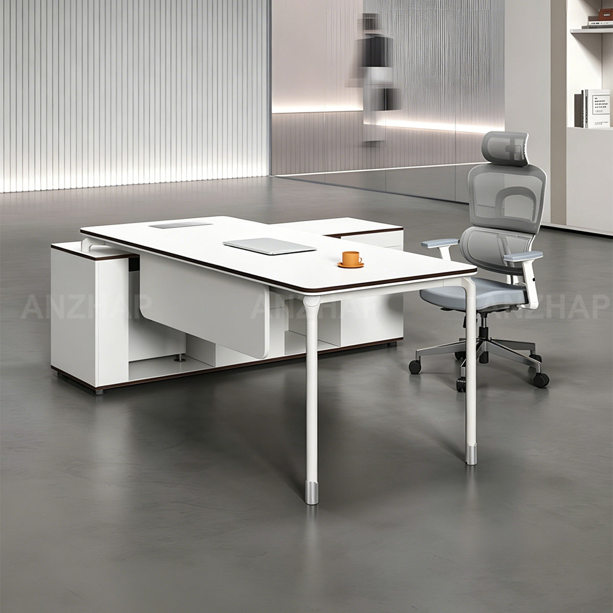 Modern Executive Desk with Built-In Power, Storage Cabinet, and Modesty Panel