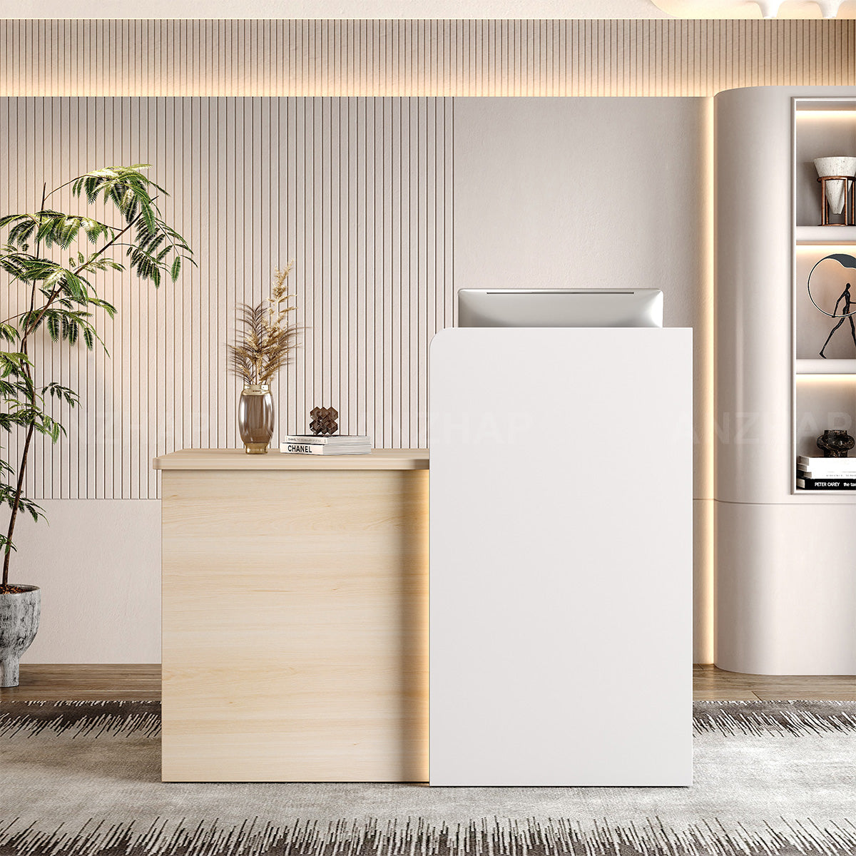 Elegant Reception Desk with Cable Management and Secure Storage for Offices